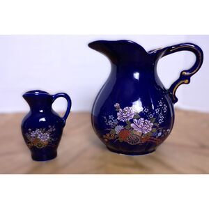 Vintage Japanese Cobalt Blue Porcelain Pitchers with Gold Floral Designs